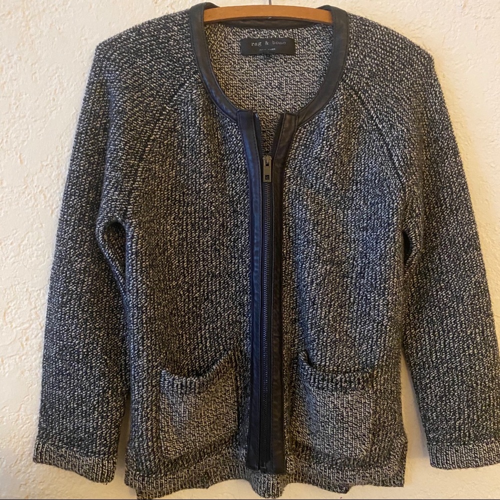 Rag & Bone Wool & Leather Trim Zip Up Sweater